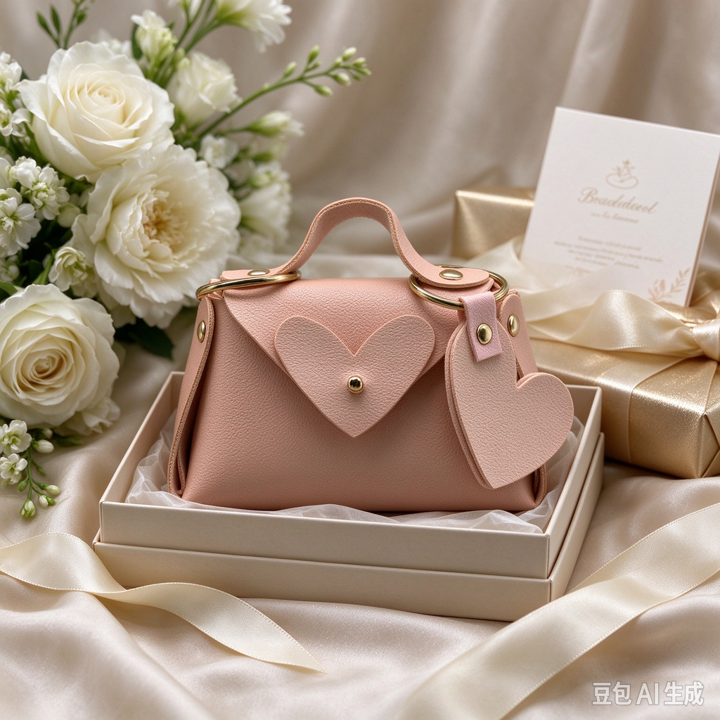 Pink Heart Charm Faux Leather Handle Pouch, Mini Gift Bag with Heart Flap and Gold-Tone Hardware for Wedding Favors, Bridal Shower, Party Candy & Guest Gifts
