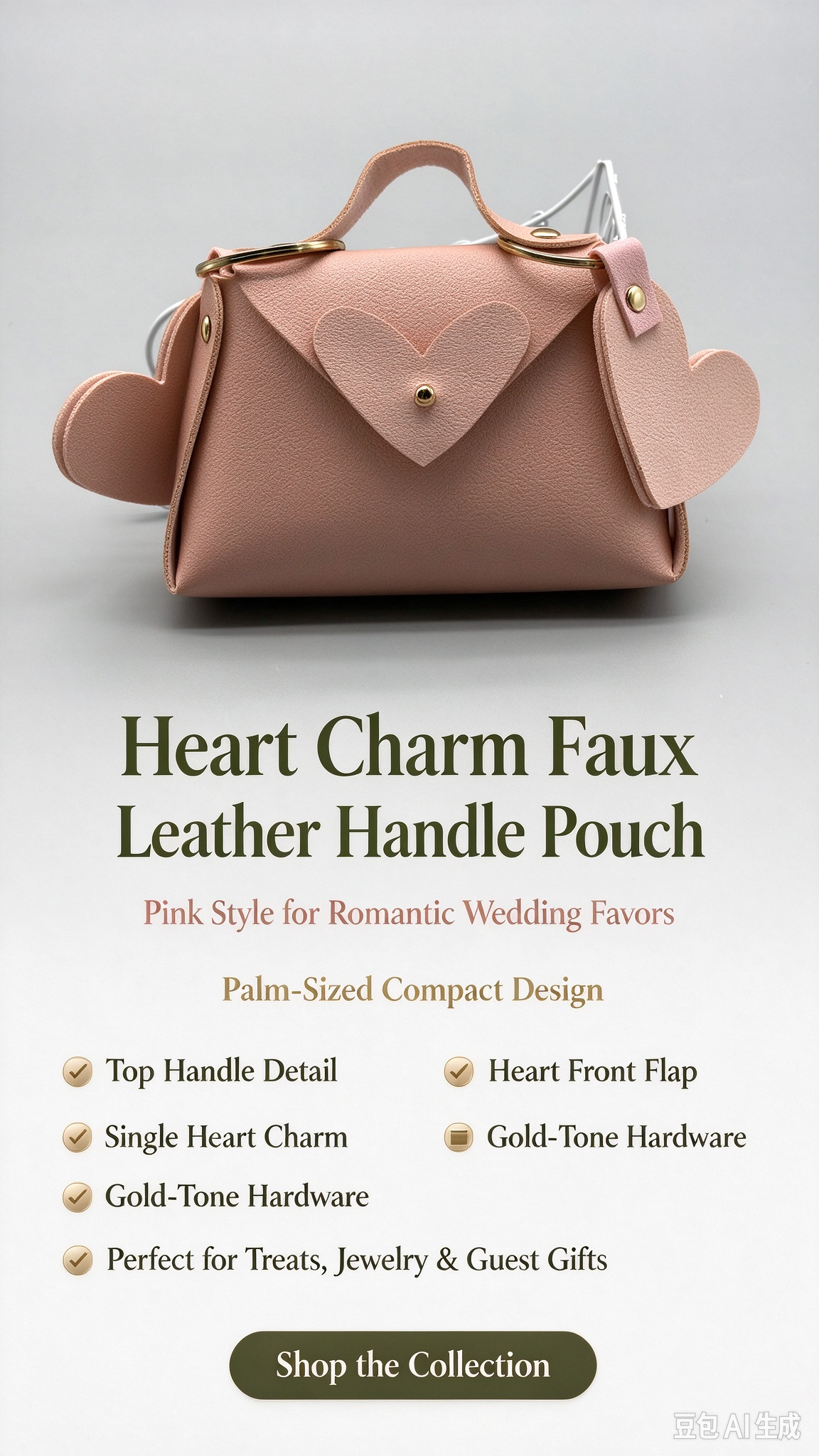 Pink Heart Charm Faux Leather Handle Pouch, Mini Gift Bag with Heart Flap and Gold-Tone Hardware for Wedding Favors, Bridal Shower, Party Candy & Guest Gifts