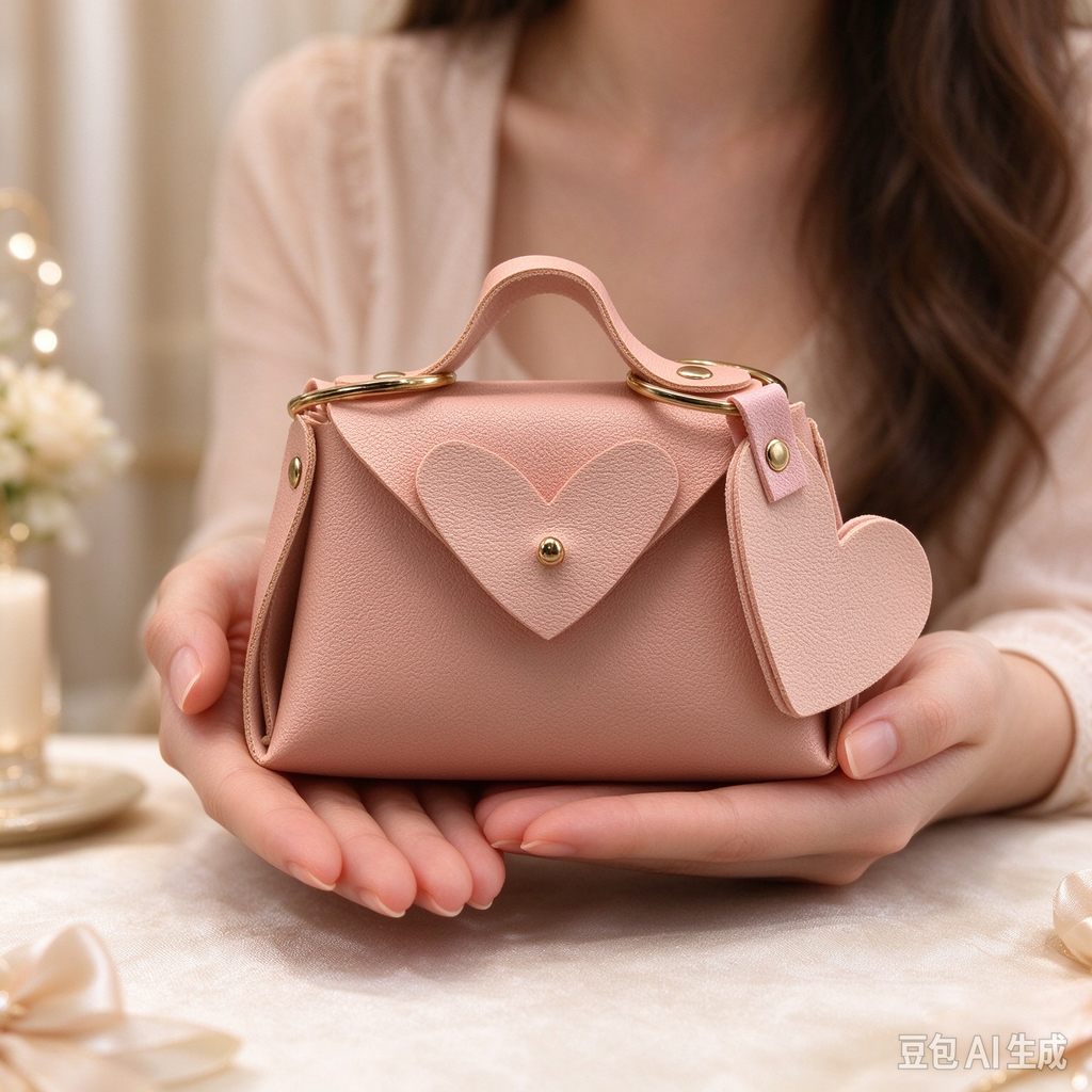 Pink Heart Charm Faux Leather Handle Pouch, Mini Gift Bag with Heart Flap and Gold-Tone Hardware for Wedding Favors, Bridal Shower, Party Candy & Guest Gifts