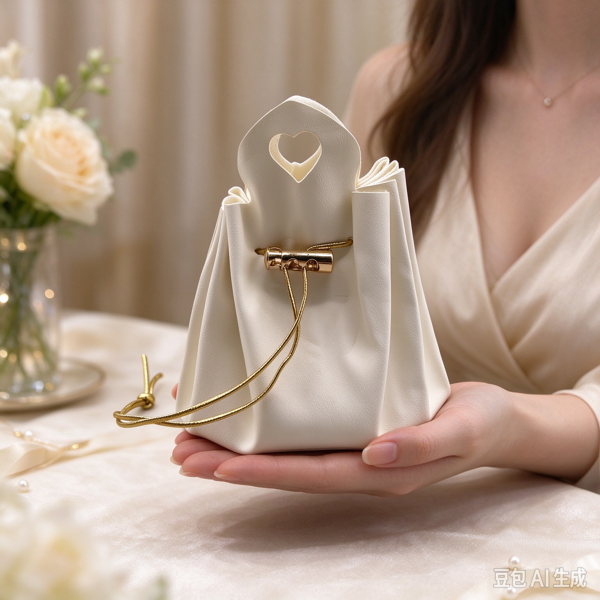 Elegant White Heart Handle Drawstring Pouch, Romantic Mini Gift Bag with Gold-Tone Hardware for Wedding Favors, Bridal Shower, Party Candy & Guest Gifts