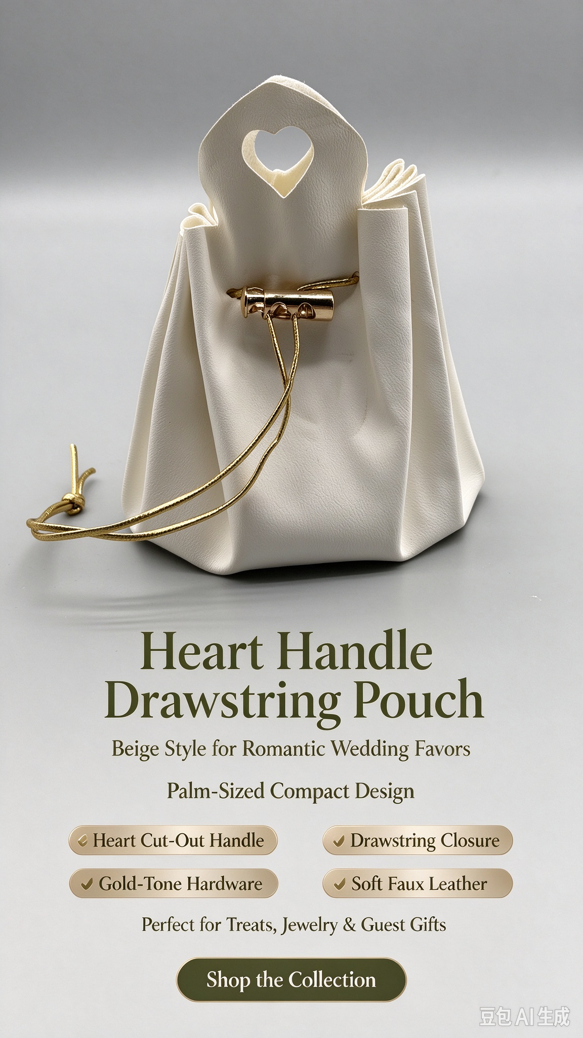 Elegant White Heart Handle Drawstring Pouch, Romantic Mini Gift Bag with Gold-Tone Hardware for Wedding Favors, Bridal Shower, Party Candy & Guest Gifts