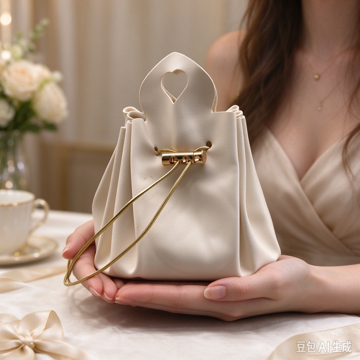 Beige Heart Handle Drawstring Pouch, Romantic Mini Gift Bag with Gold-Tone Hardware for Wedding Favors, Bridal Shower, Party Candy & Guest Gifts