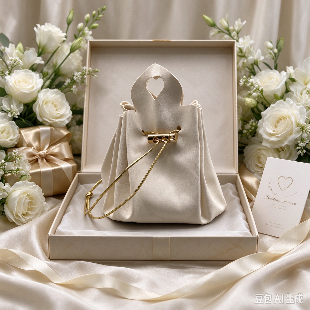 Beige Heart Handle Drawstring Pouch, Romantic Mini Gift Bag with Gold-Tone Hardware for Wedding Favors, Bridal Shower, Party Candy & Guest Gifts