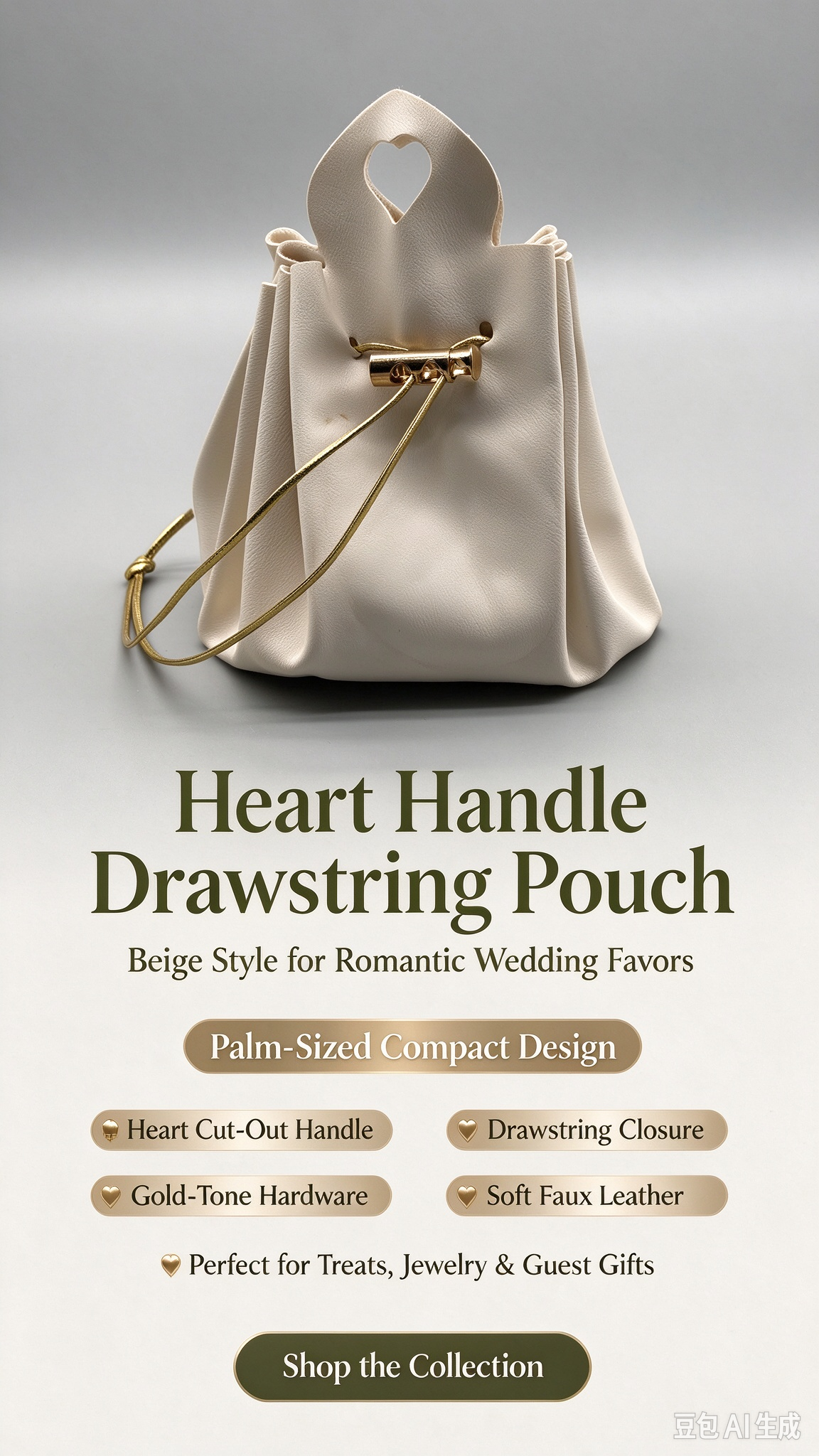Beige Heart Handle Drawstring Pouch, Romantic Mini Gift Bag with Gold-Tone Hardware for Wedding Favors, Bridal Shower, Party Candy & Guest Gifts