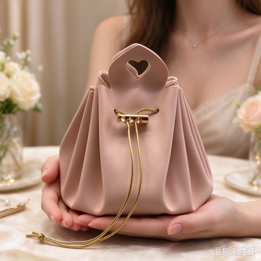 Pink Heart Handle Drawstring Pouch, Romantic Mini Gift Bag with Gold-Tone Hardware for Wedding Favors, Bridal Shower, Party Candy & Guest Gifts