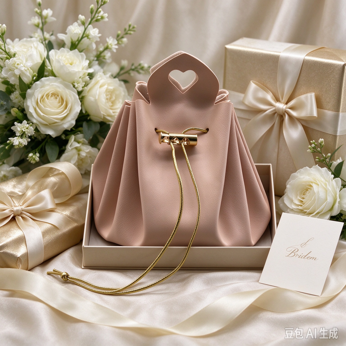 Pink Heart Handle Drawstring Pouch, Romantic Mini Gift Bag with Gold-Tone Hardware for Wedding Favors, Bridal Shower, Party Candy & Guest Gifts