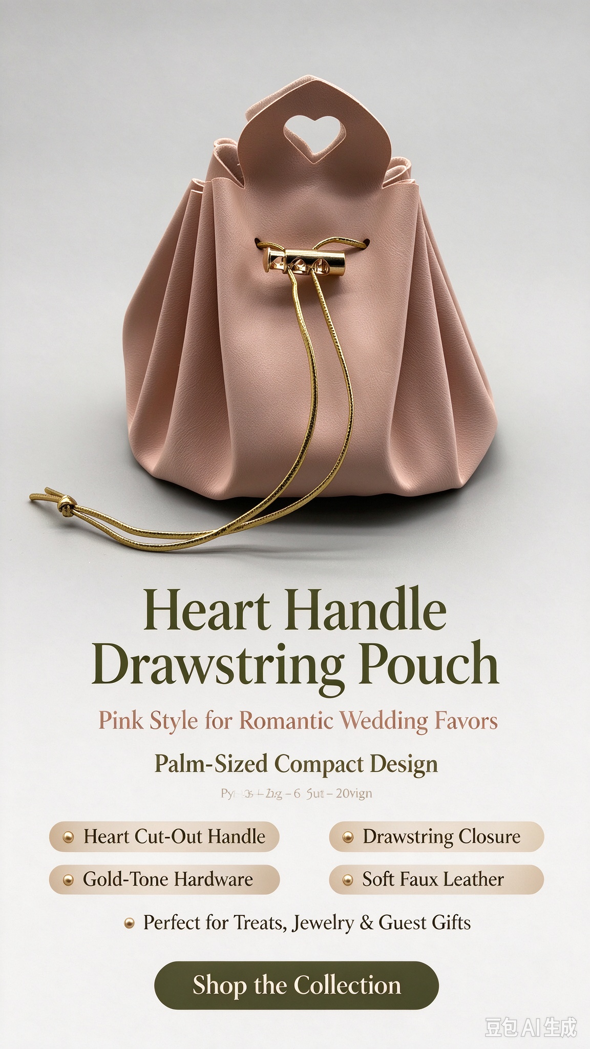 Pink Heart Handle Drawstring Pouch, Romantic Mini Gift Bag with Gold-Tone Hardware for Wedding Favors, Bridal Shower, Party Candy & Guest Gifts