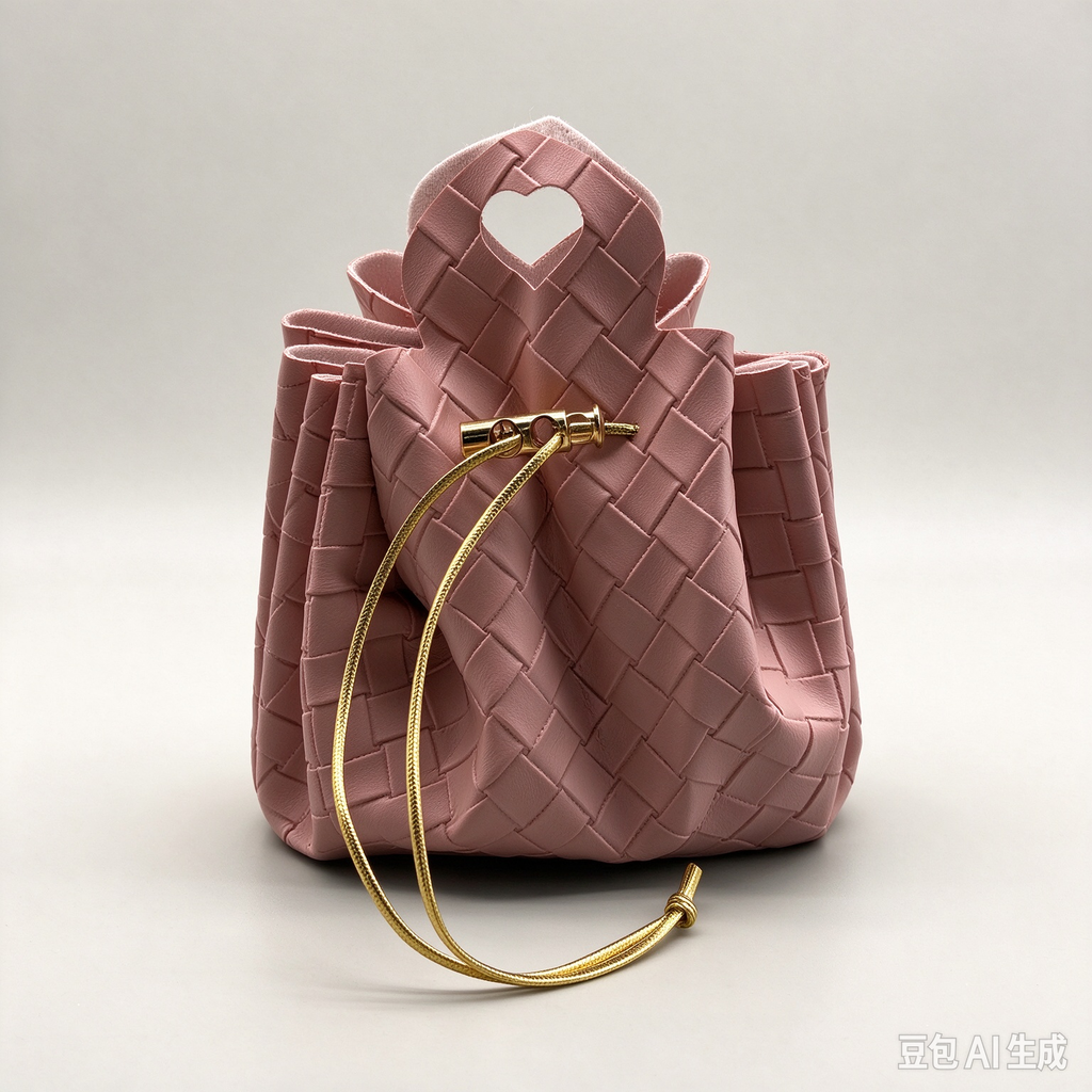 Pink Woven Heart Handle  Pouch, Romantic Mini Gift Bag with Gold-Tone Hardware for Wedding Favors, Bridal Shower, Party Candy & Guest Gifts