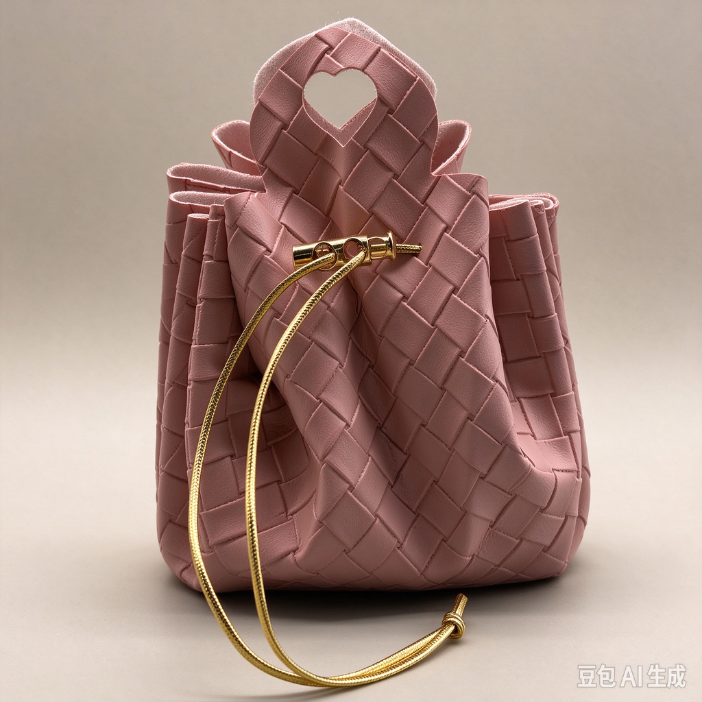 Pink Woven Heart Handle  Pouch, Romantic Mini Gift Bag with Gold-Tone Hardware for Wedding Favors, Bridal Shower, Party Candy & Guest Gifts