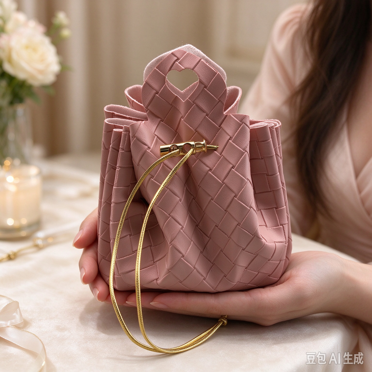 Pink Woven Heart Handle  Pouch, Romantic Mini Gift Bag with Gold-Tone Hardware for Wedding Favors, Bridal Shower, Party Candy & Guest Gifts