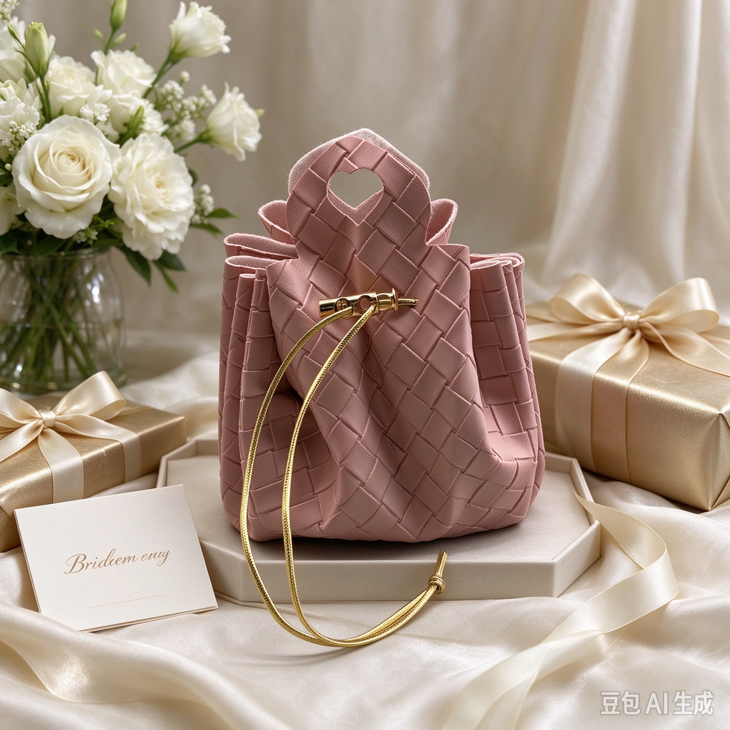 Pink Woven Heart Handle  Pouch, Romantic Mini Gift Bag with Gold-Tone Hardware for Wedding Favors, Bridal Shower, Party Candy & Guest Gifts