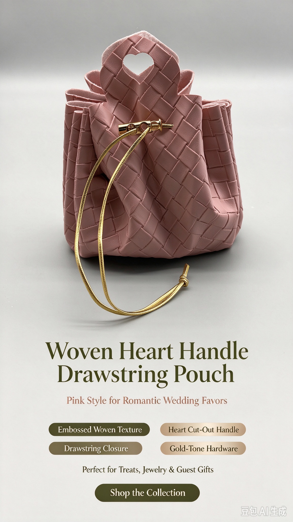 Pink Woven Heart Handle  Pouch, Romantic Mini Gift Bag with Gold-Tone Hardware for Wedding Favors, Bridal Shower, Party Candy & Guest Gifts