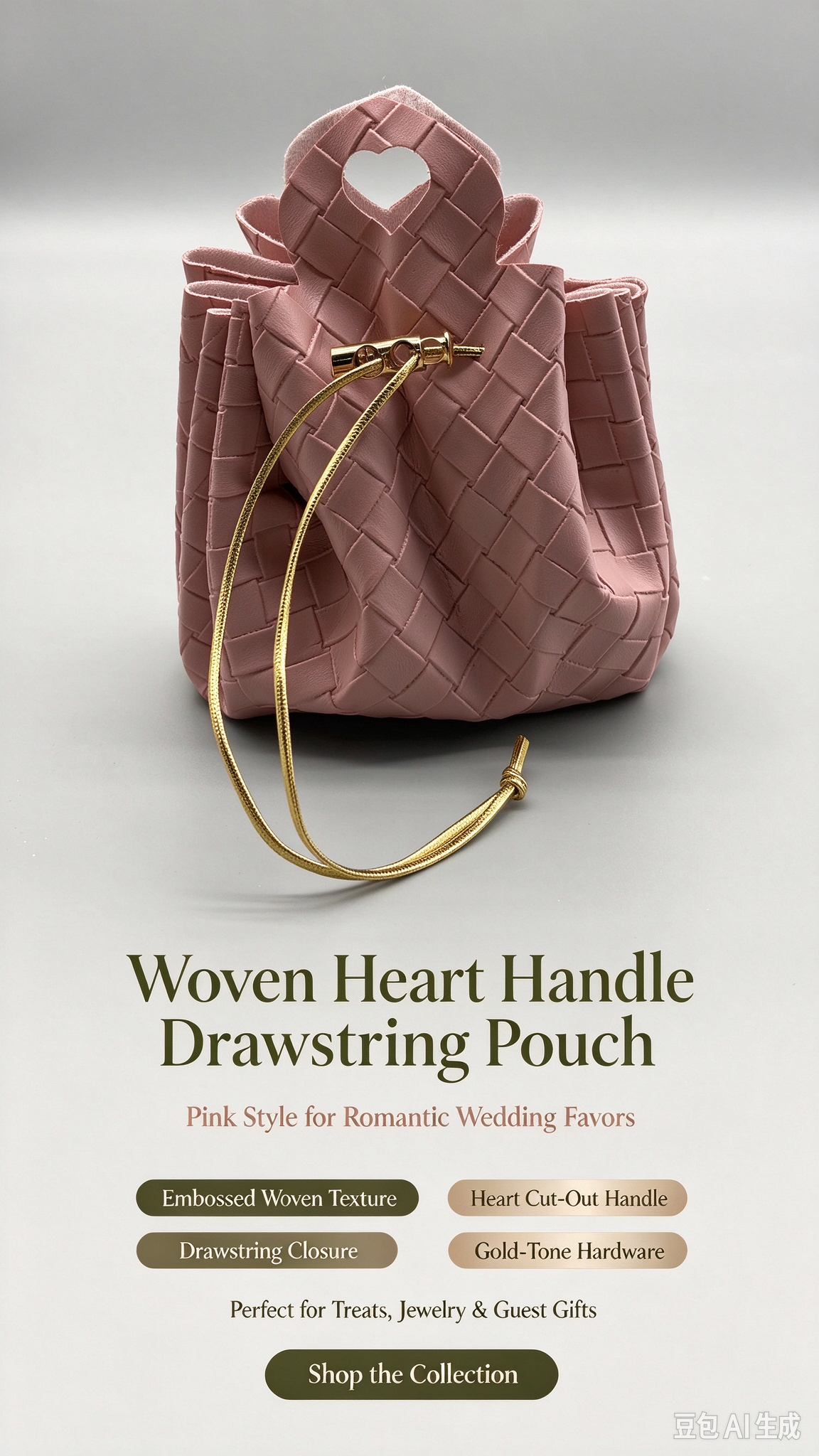 Pink Woven Heart Handle  Pouch, Romantic Mini Gift Bag with Gold-Tone Hardware for Wedding Favors, Bridal Shower, Party Candy & Guest Gifts