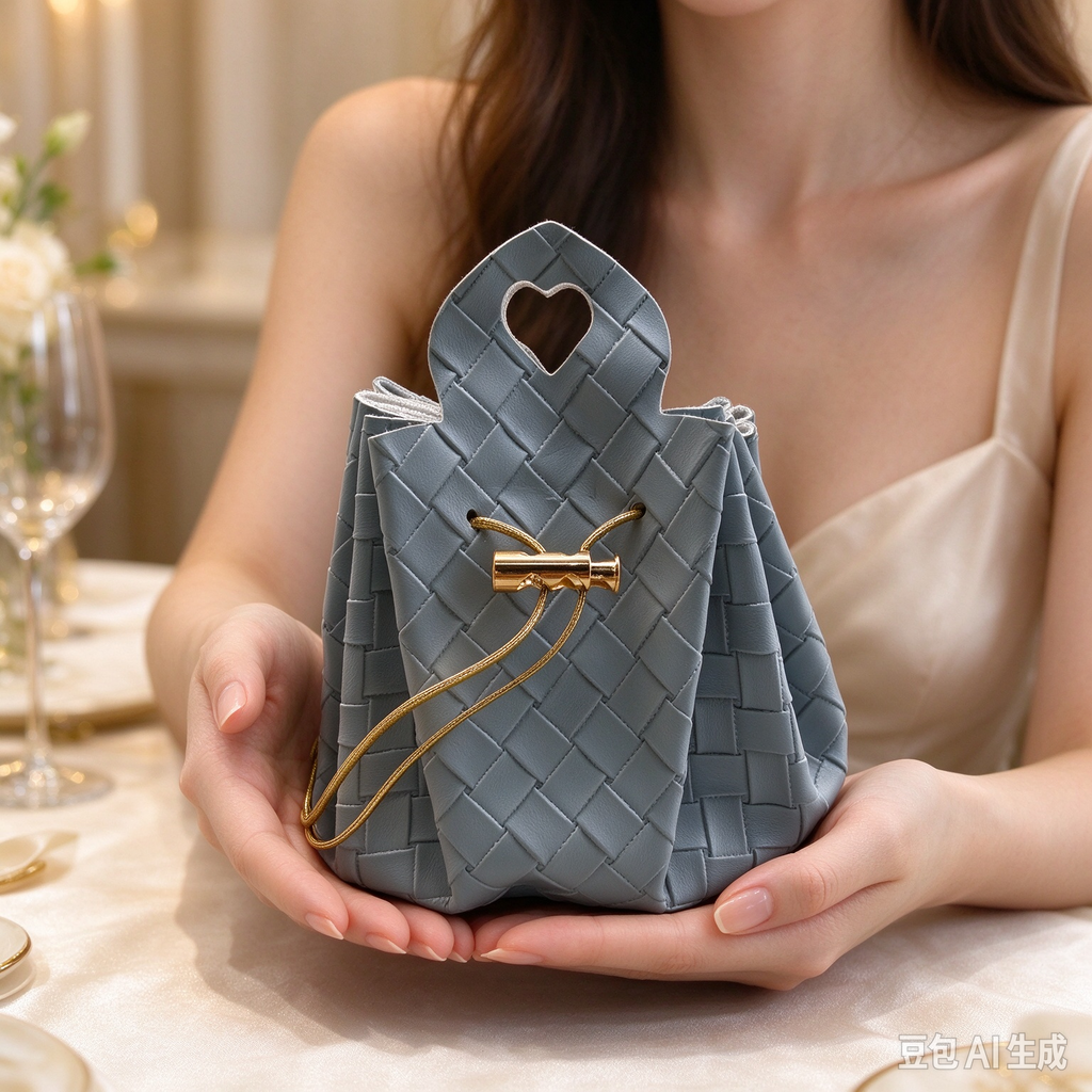 Gray-Blue Woven Heart Handle Pouch, Elegant Mini Gift Bag with Gold-Tone Hardware for Wedding Favors, Bridal Shower, Party Candy & Guest Gifts