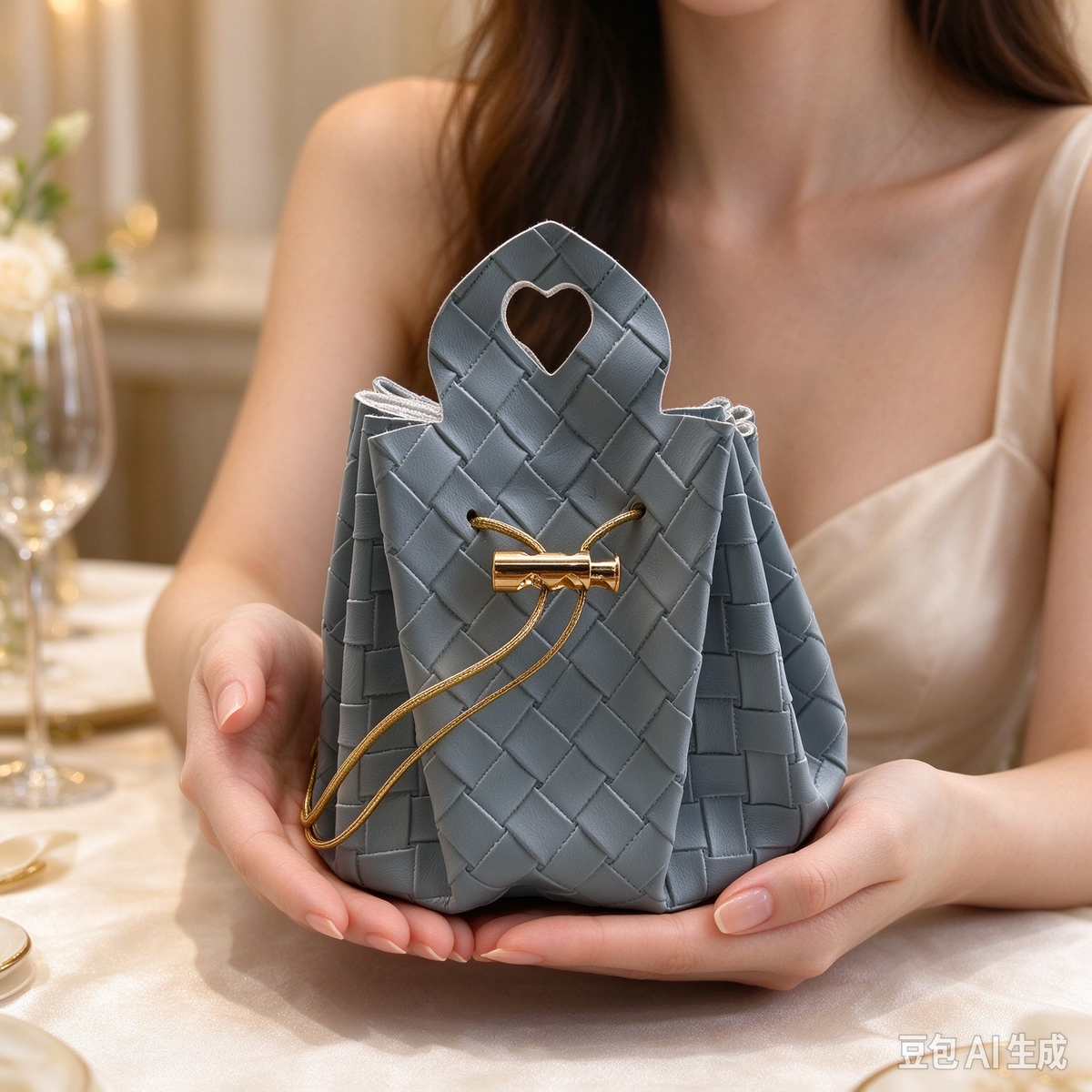 Gray-Blue Woven Heart Handle Pouch, Elegant Mini Gift Bag with Gold-Tone Hardware for Wedding Favors, Bridal Shower, Party Candy & Guest Gifts