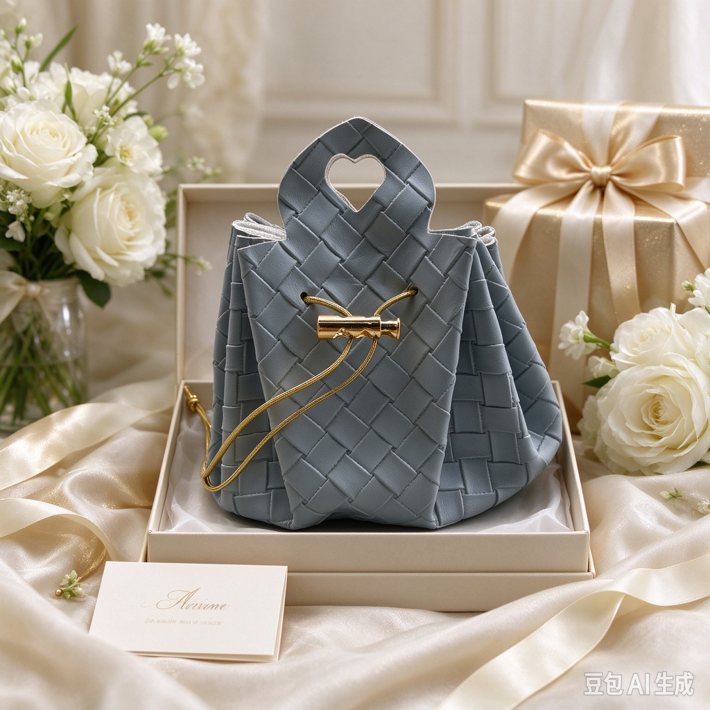 Gray-Blue Woven Heart Handle Pouch, Elegant Mini Gift Bag with Gold-Tone Hardware for Wedding Favors, Bridal Shower, Party Candy & Guest Gifts