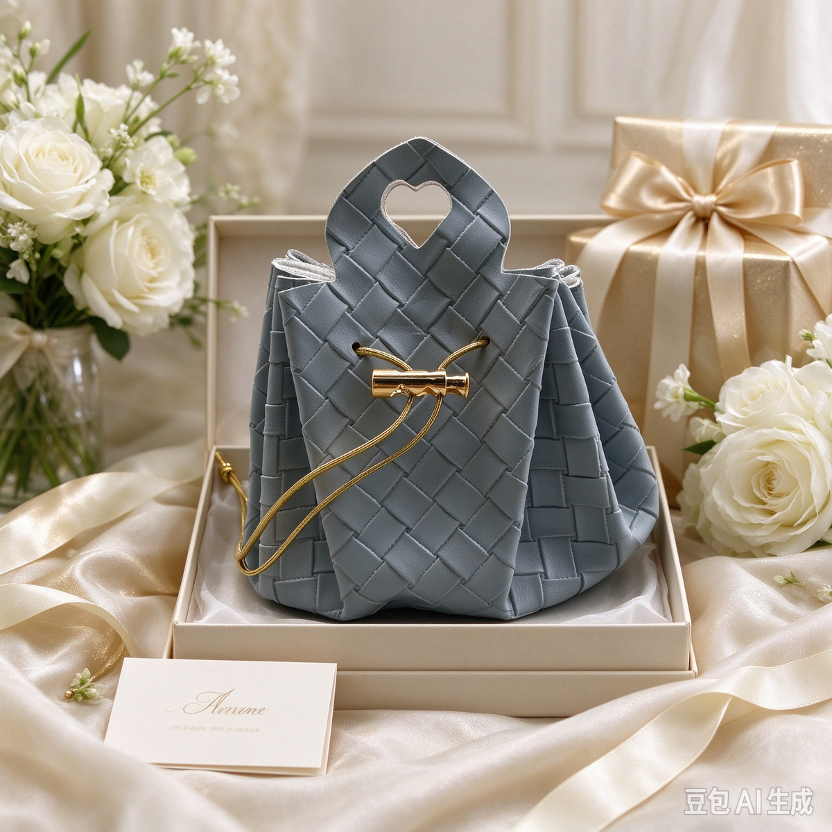 Gray-Blue Woven Heart Handle Pouch, Elegant Mini Gift Bag with Gold-Tone Hardware for Wedding Favors, Bridal Shower, Party Candy & Guest Gifts