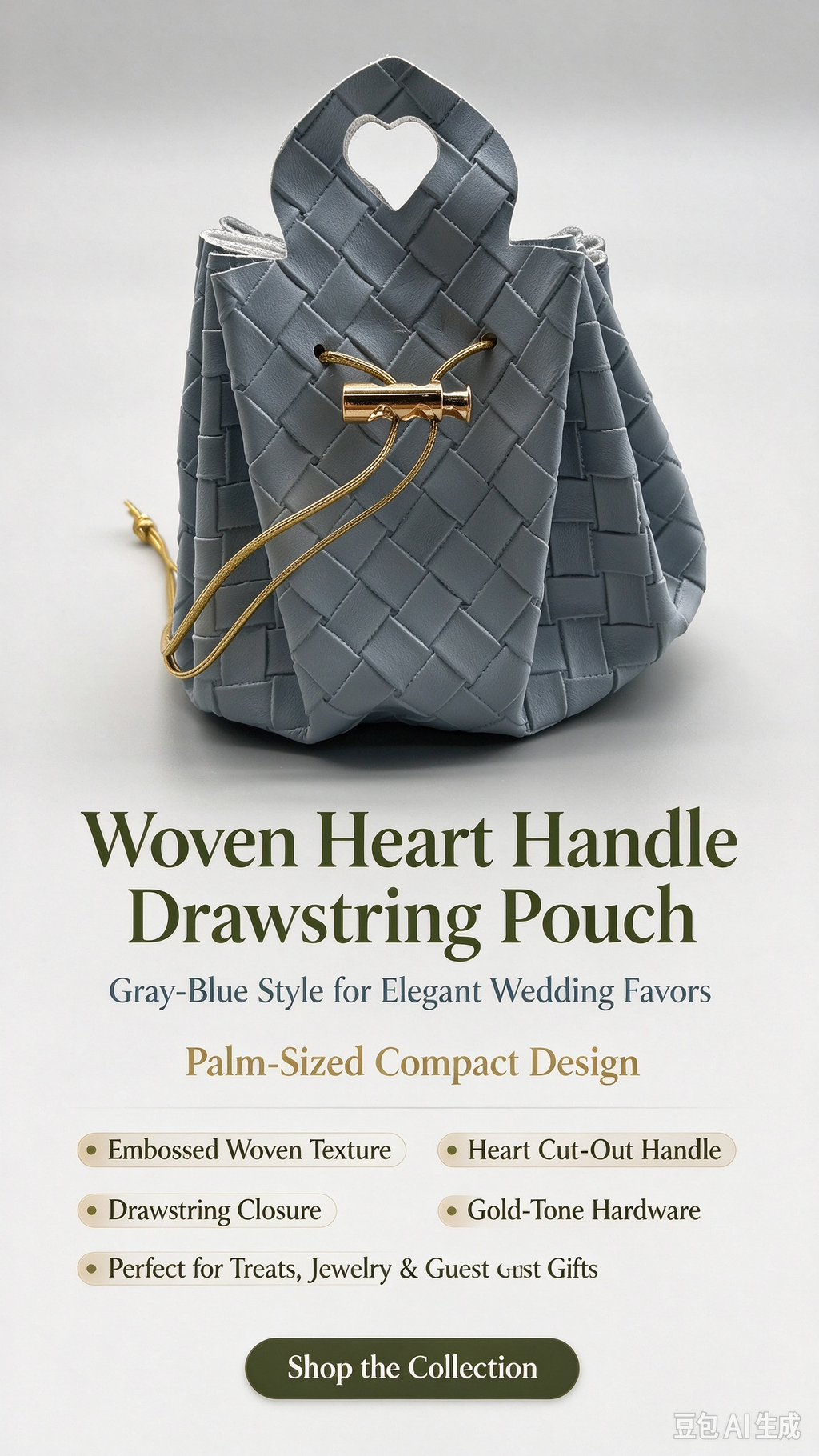 Gray-Blue Woven Heart Handle Pouch, Elegant Mini Gift Bag with Gold-Tone Hardware for Wedding Favors, Bridal Shower, Party Candy & Guest Gifts