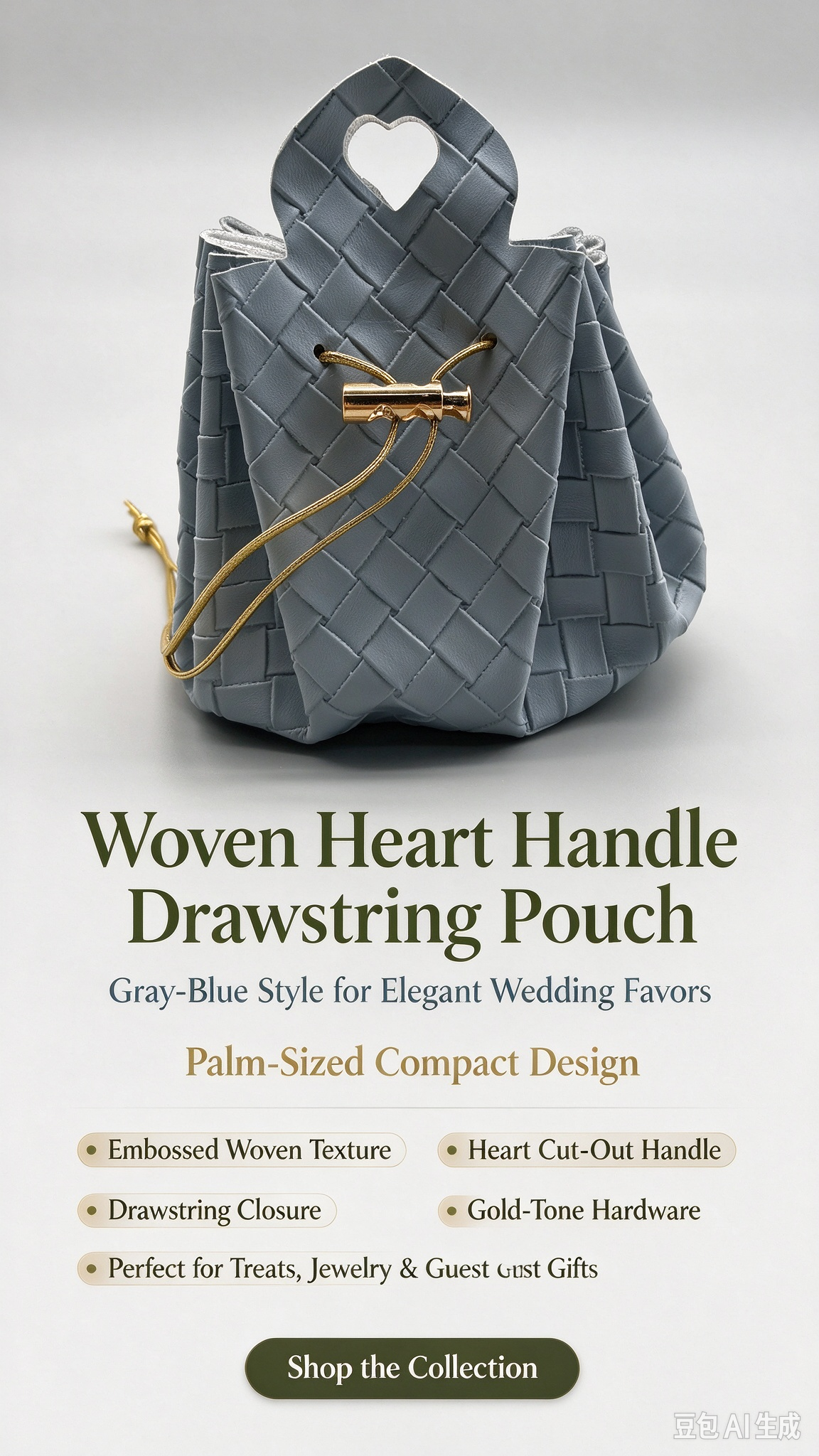Gray-Blue Woven Heart Handle Pouch, Elegant Mini Gift Bag with Gold-Tone Hardware for Wedding Favors, Bridal Shower, Party Candy & Guest Gifts