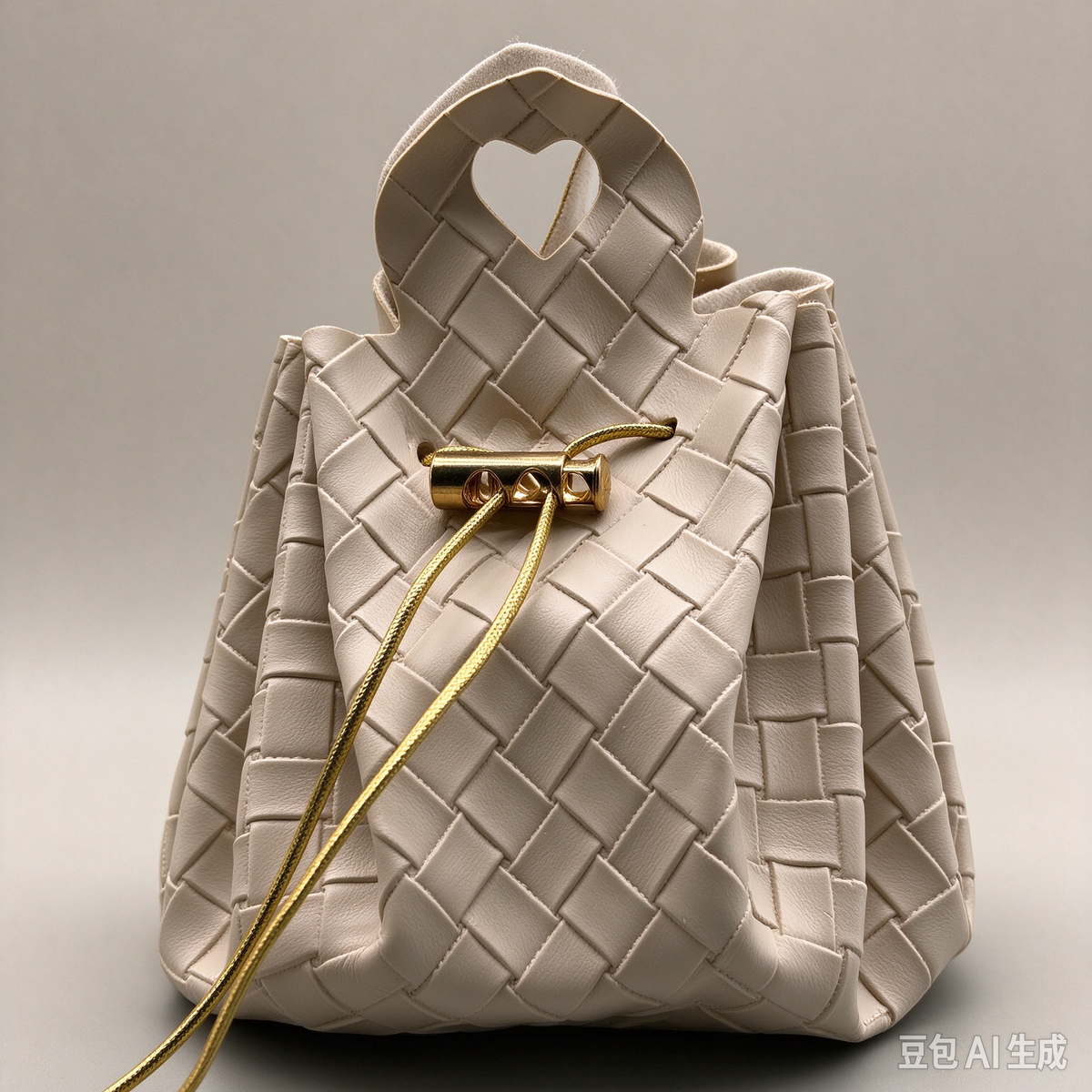 Khaki Woven Heart Handle Pouch, Elegant Mini Gift Bag with Gold-Tone Hardware for Wedding Favors, Bridal Shower, Party Candy & Guest Gifts