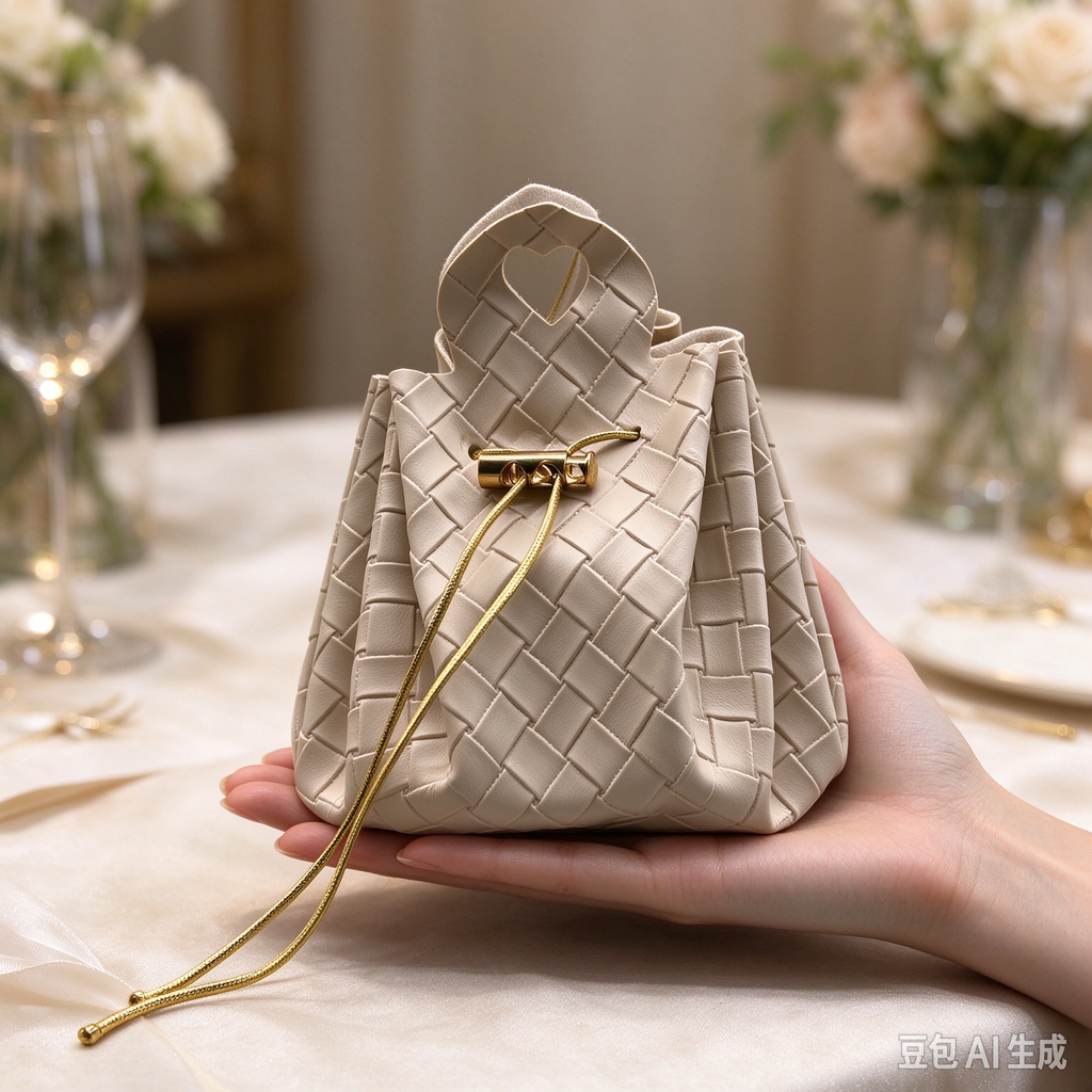 Khaki Woven Heart Handle Pouch, Elegant Mini Gift Bag with Gold-Tone Hardware for Wedding Favors, Bridal Shower, Party Candy & Guest Gifts