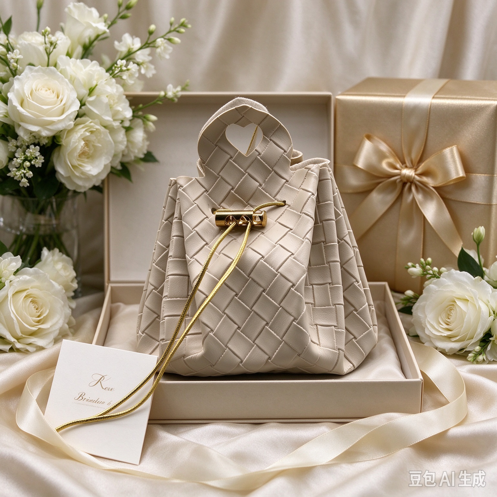 Khaki Woven Heart Handle Pouch, Elegant Mini Gift Bag with Gold-Tone Hardware for Wedding Favors, Bridal Shower, Party Candy & Guest Gifts