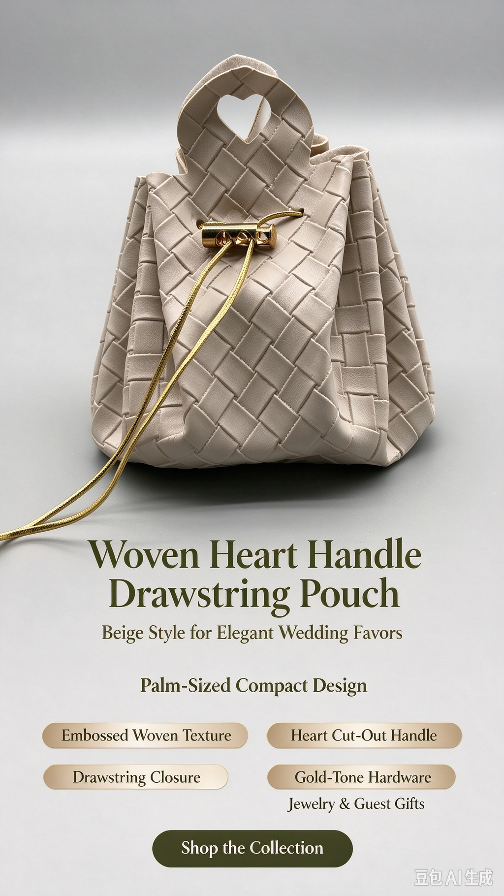 Khaki Woven Heart Handle Pouch, Elegant Mini Gift Bag with Gold-Tone Hardware for Wedding Favors, Bridal Shower, Party Candy & Guest Gifts