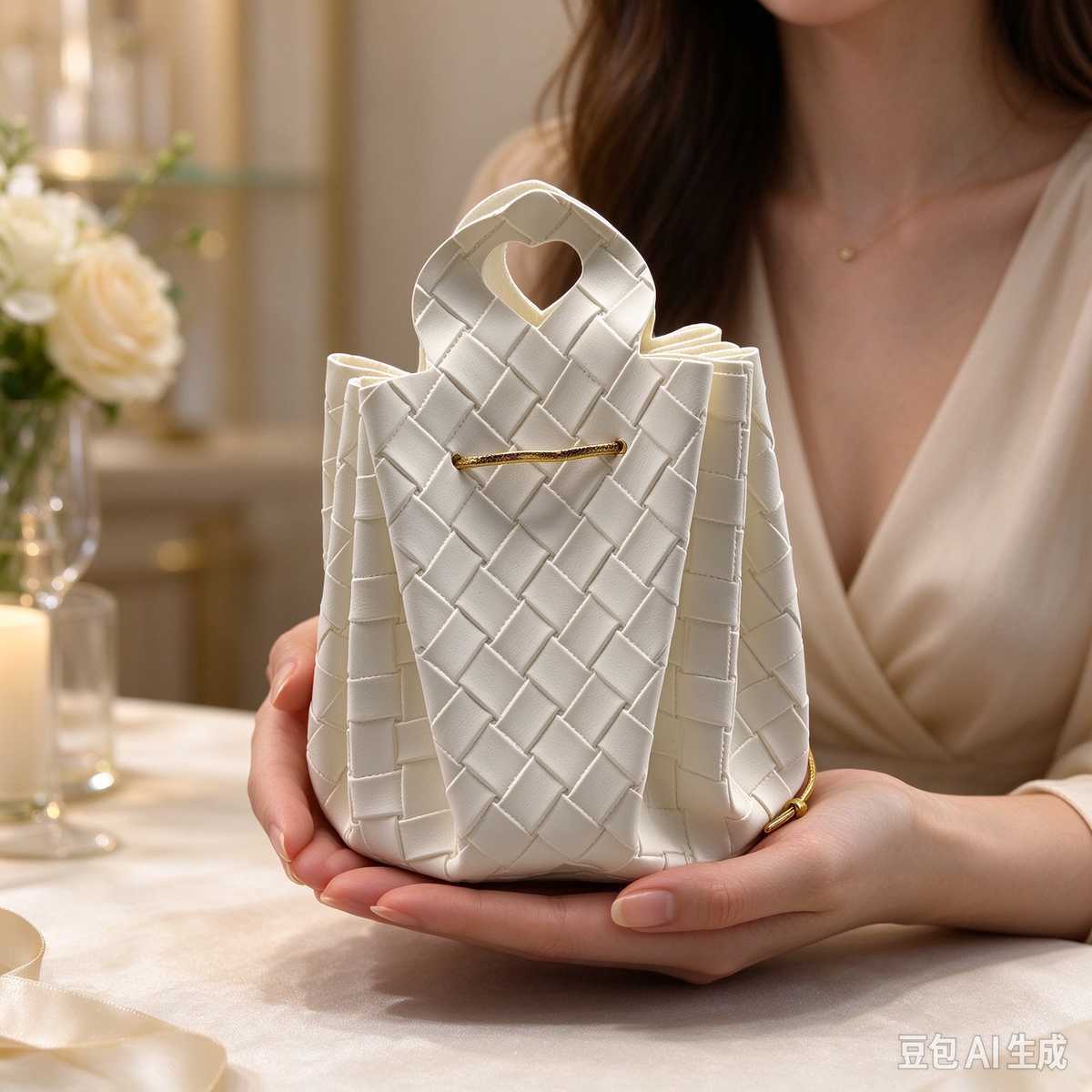 White Woven Heart Handle Pouch, Elegant Mini Gift Bag with Gold-Tone Hardware for Wedding Favors, Bridal Shower, Party Candy & Guest Gifts
