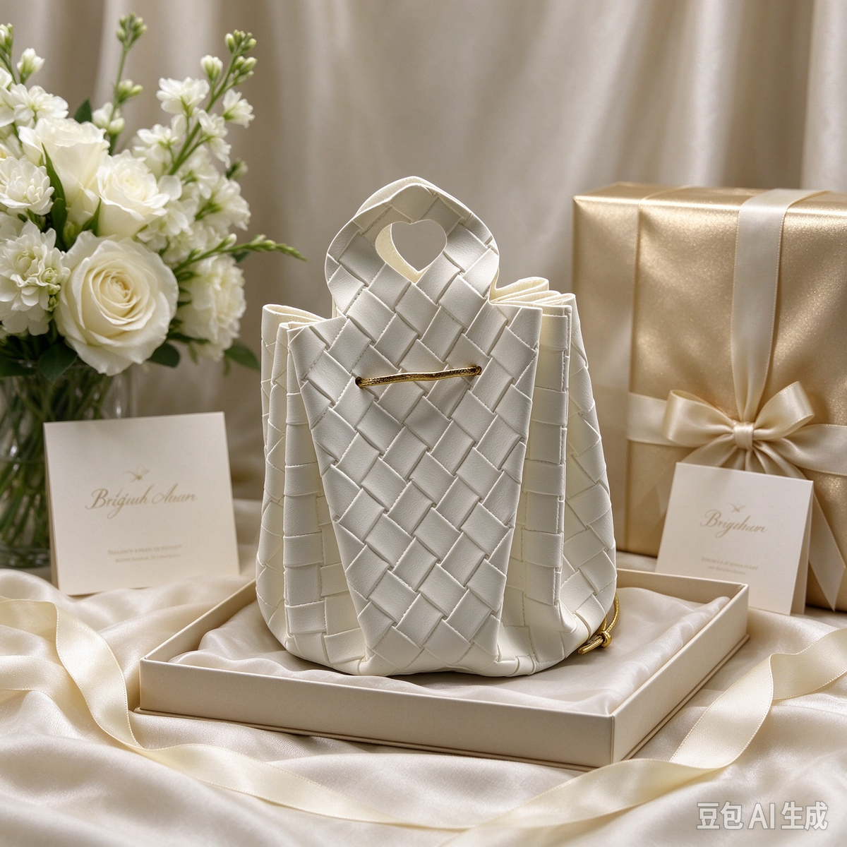 White Woven Heart Handle Pouch, Elegant Mini Gift Bag with Gold-Tone Hardware for Wedding Favors, Bridal Shower, Party Candy & Guest Gifts