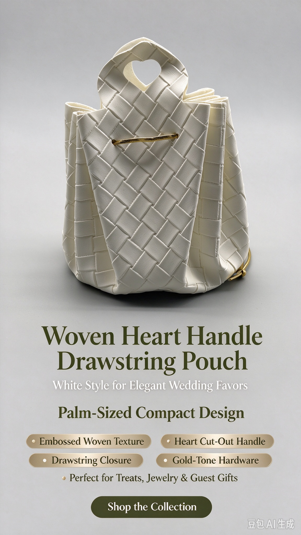 White Woven Heart Handle Pouch, Elegant Mini Gift Bag with Gold-Tone Hardware for Wedding Favors, Bridal Shower, Party Candy & Guest Gifts