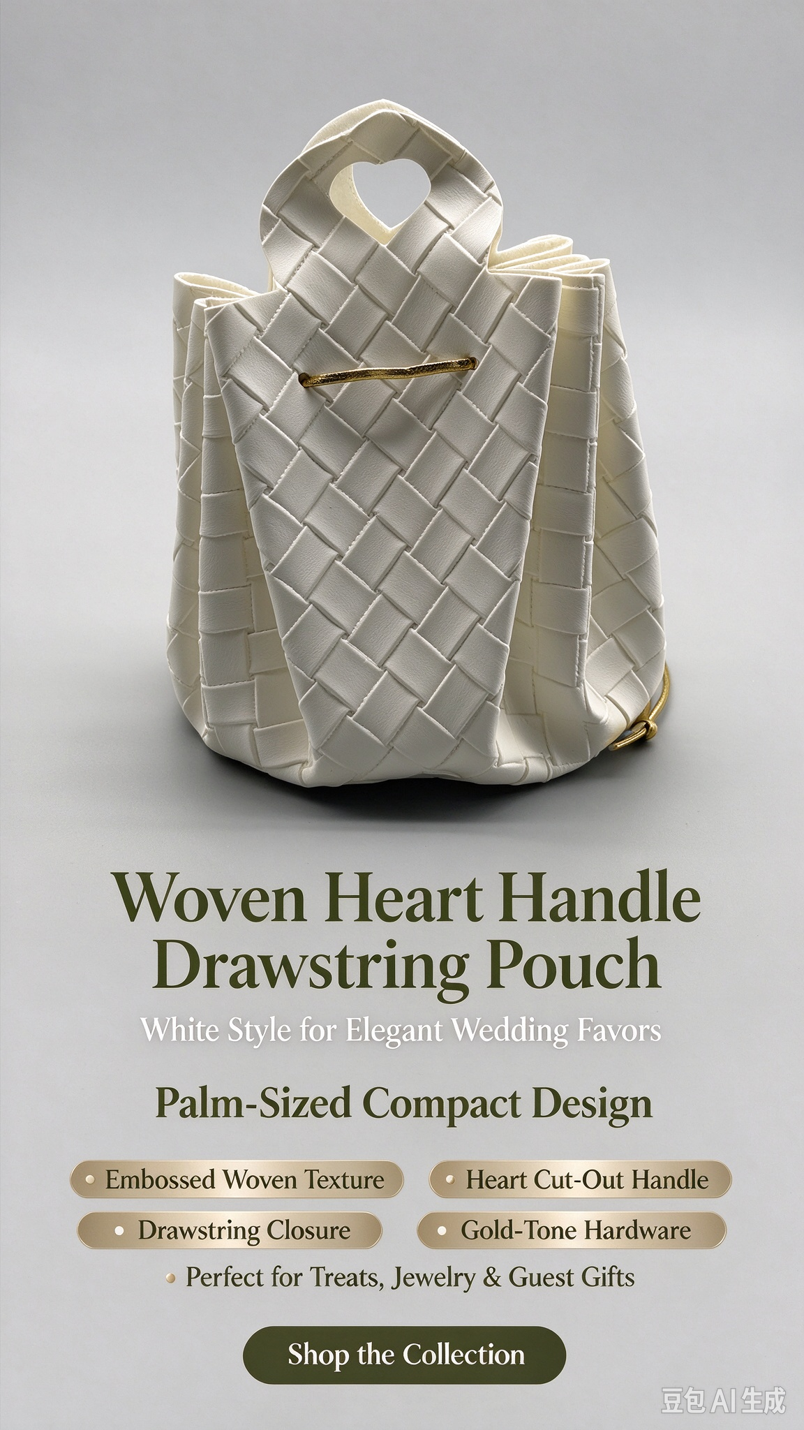 White Woven Heart Handle Pouch, Elegant Mini Gift Bag with Gold-Tone Hardware for Wedding Favors, Bridal Shower, Party Candy & Guest Gifts