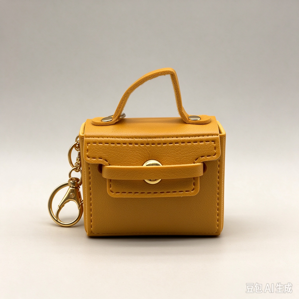 Mustard Yellow Mini Faux Leather Flap Handle Keyring Pouch, Tiny Coin Purse, Earbud Holder Bag Charm
