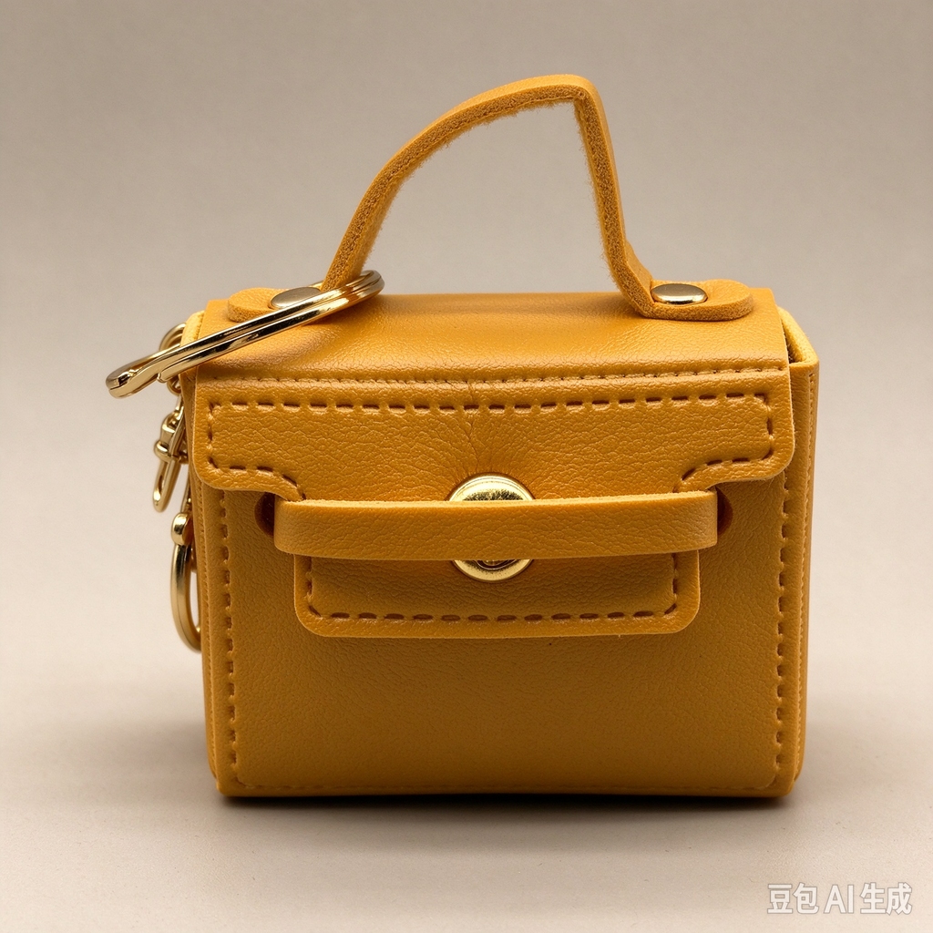 Mustard Yellow Mini Faux Leather Flap Handle Keyring Pouch, Tiny Coin Purse, Earbud Holder Bag Charm
