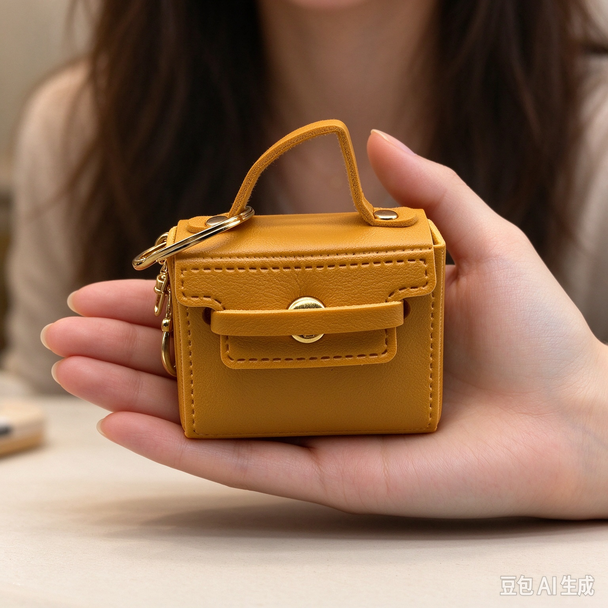 Mustard Yellow Mini Faux Leather Flap Handle Keyring Pouch, Tiny Coin Purse, Earbud Holder Bag Charm