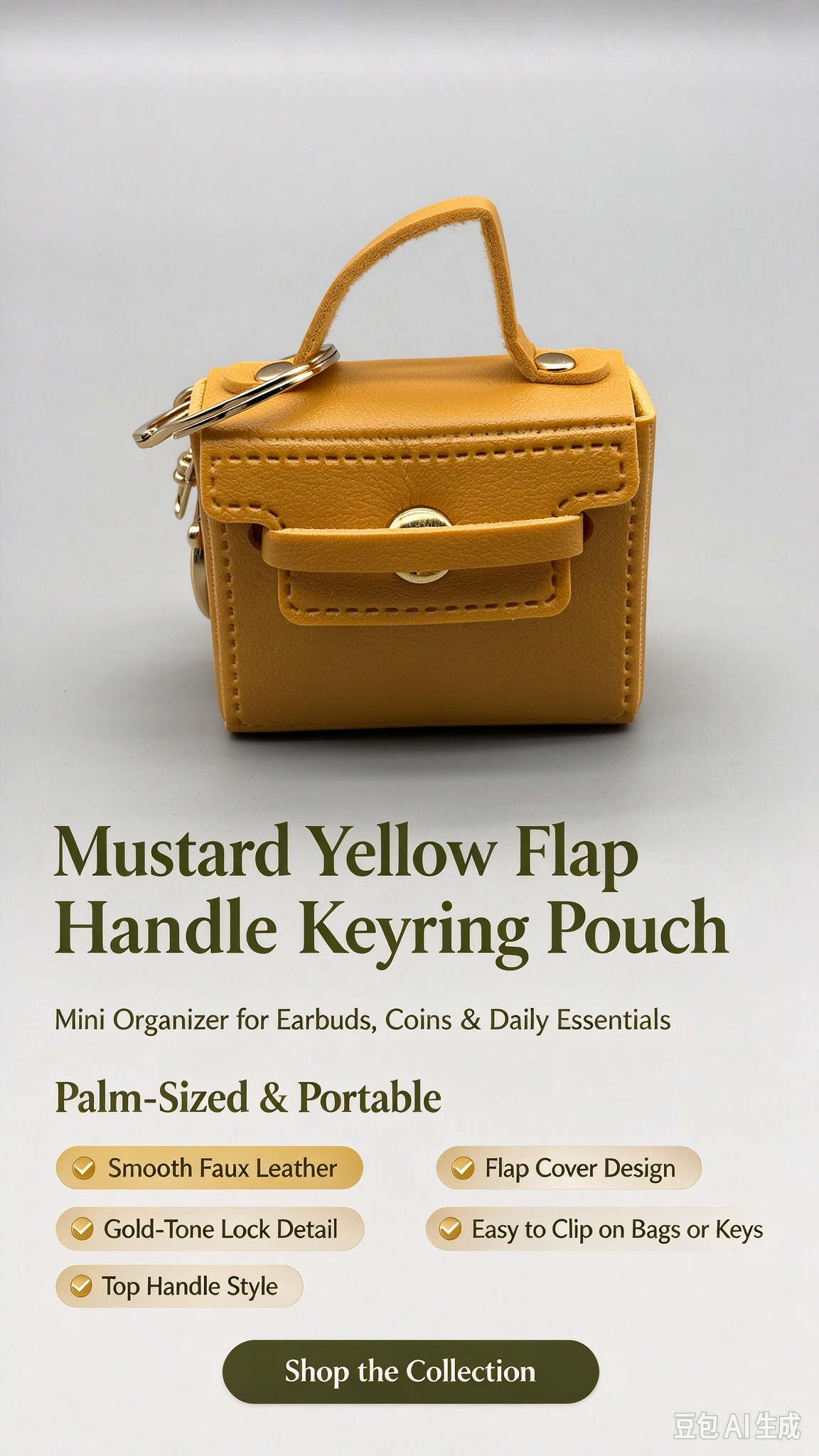 Mustard Yellow Mini Faux Leather Flap Handle Keyring Pouch, Tiny Coin Purse, Earbud Holder Bag Charm