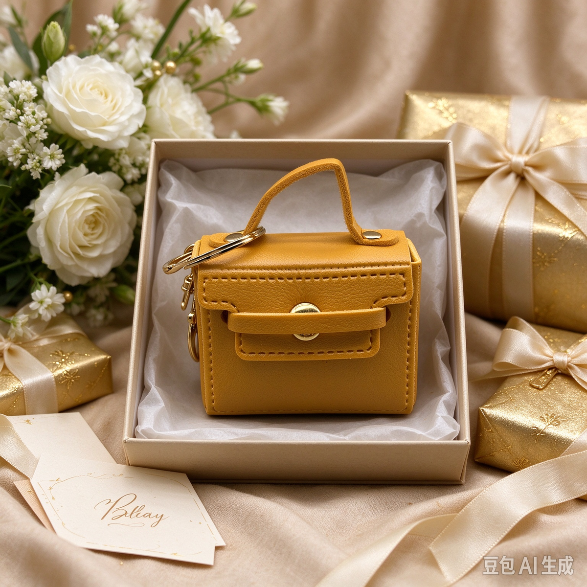 Mustard Yellow Mini Faux Leather Flap Handle Keyring Pouch, Tiny Coin Purse, Earbud Holder Bag Charm