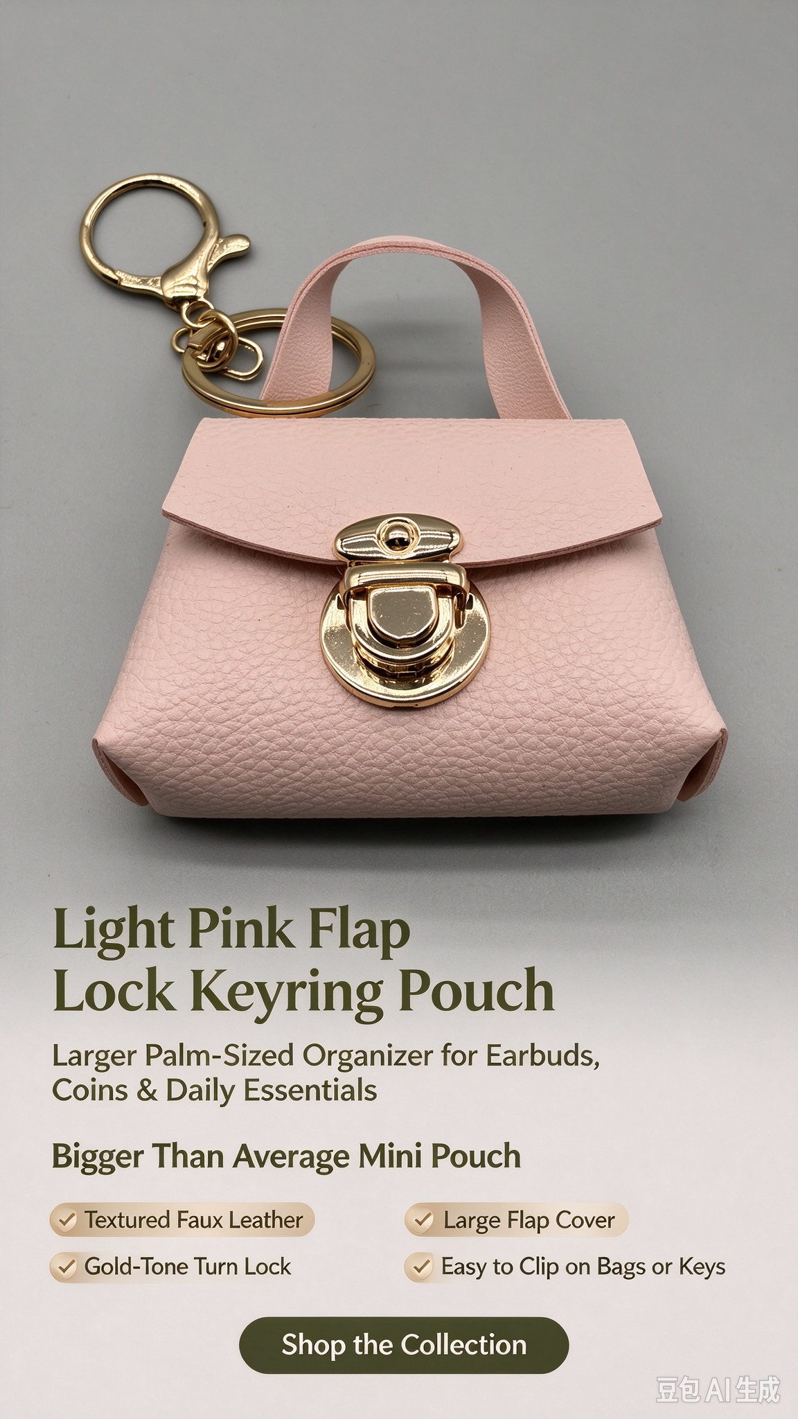 Light Pink Faux Leather Mini Handbag Keychain, Turn Lock Tiny Coin Purse, Earbud Pouch Bag Charm