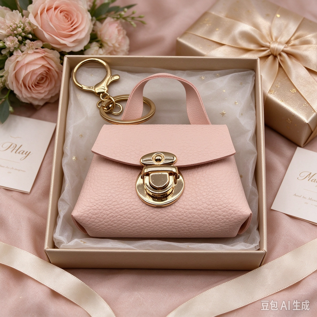 Light Pink Faux Leather Mini Handbag Keychain, Turn Lock Tiny Coin Purse, Earbud Pouch Bag Charm
