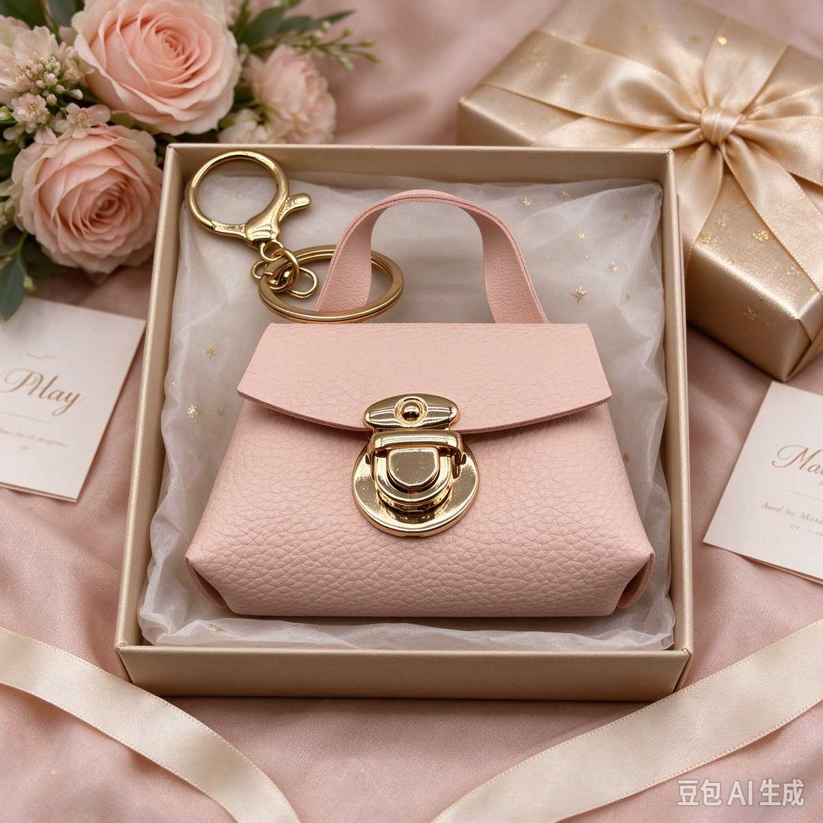Light Pink Faux Leather Mini Handbag Keychain, Turn Lock Tiny Coin Purse, Earbud Pouch Bag Charm
