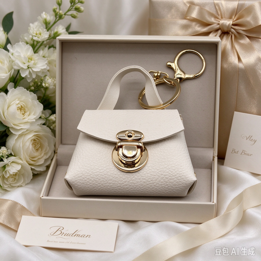 Off-White Faux Leather Mini Handbag Keychain, Turn Lock Tiny Coin Purse, Earbud Pouch Bag Charm