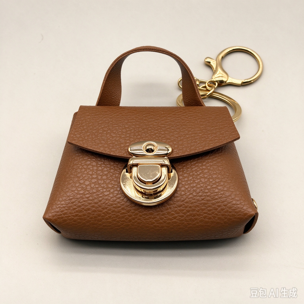 Brown Faux Leather Mini Handbag Keychain, Turn Lock Tiny Coin Purse, Earbud Pouch Bag Charm