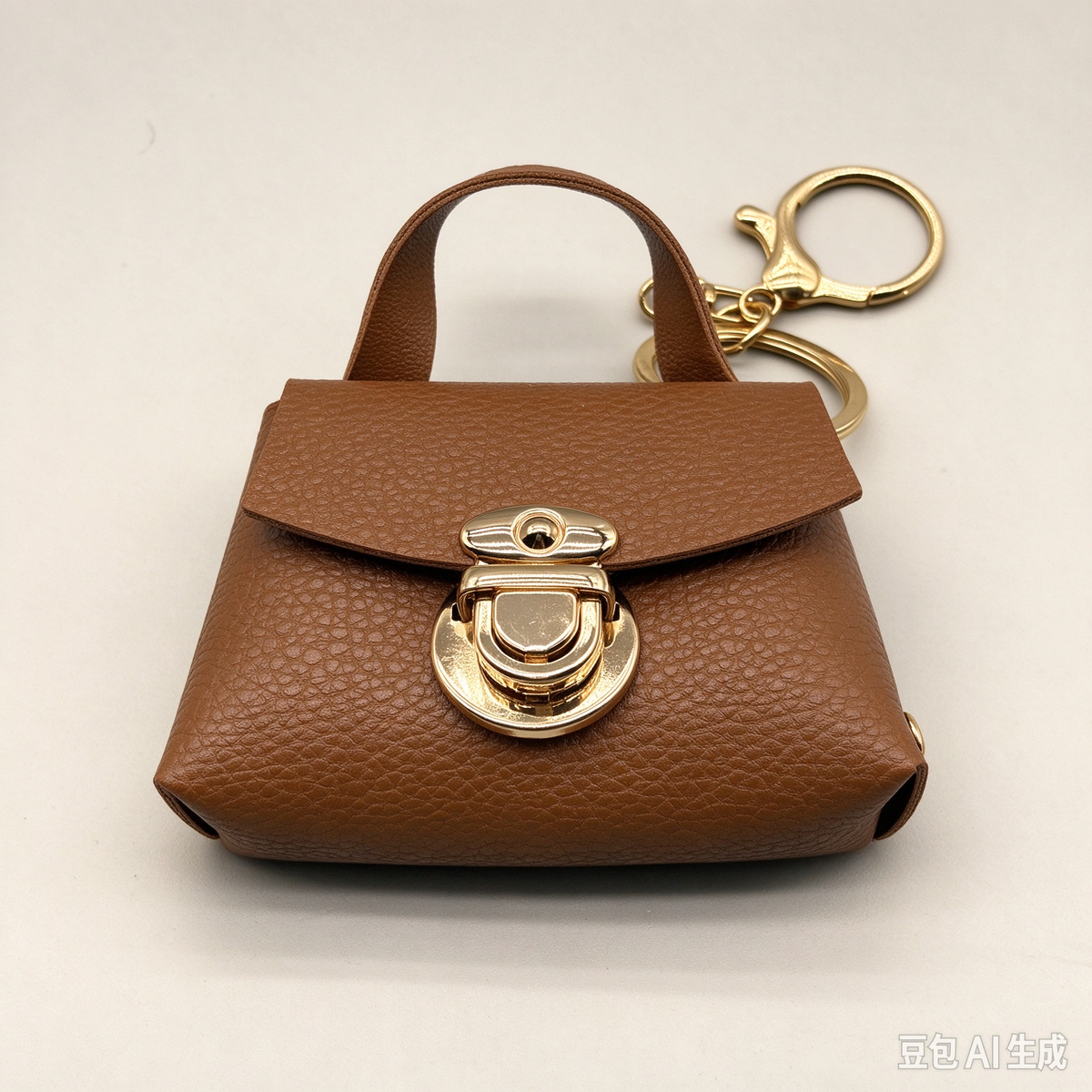 Brown Faux Leather Mini Handbag Keychain, Turn Lock Tiny Coin Purse, Earbud Pouch Bag Charm