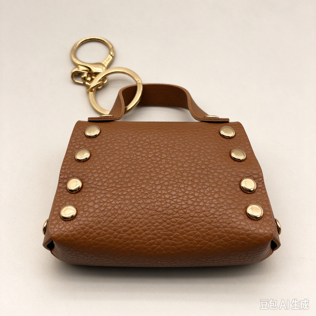 Brown Faux Leather Mini Handbag Keychain, Turn Lock Tiny Coin Purse, Earbud Pouch Bag Charm