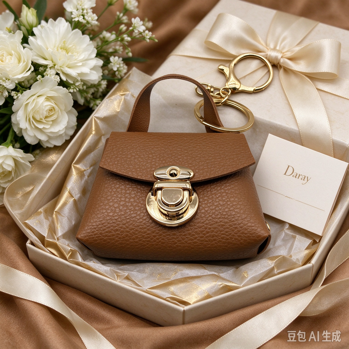 Brown Faux Leather Mini Handbag Keychain, Turn Lock Tiny Coin Purse, Earbud Pouch Bag Charm