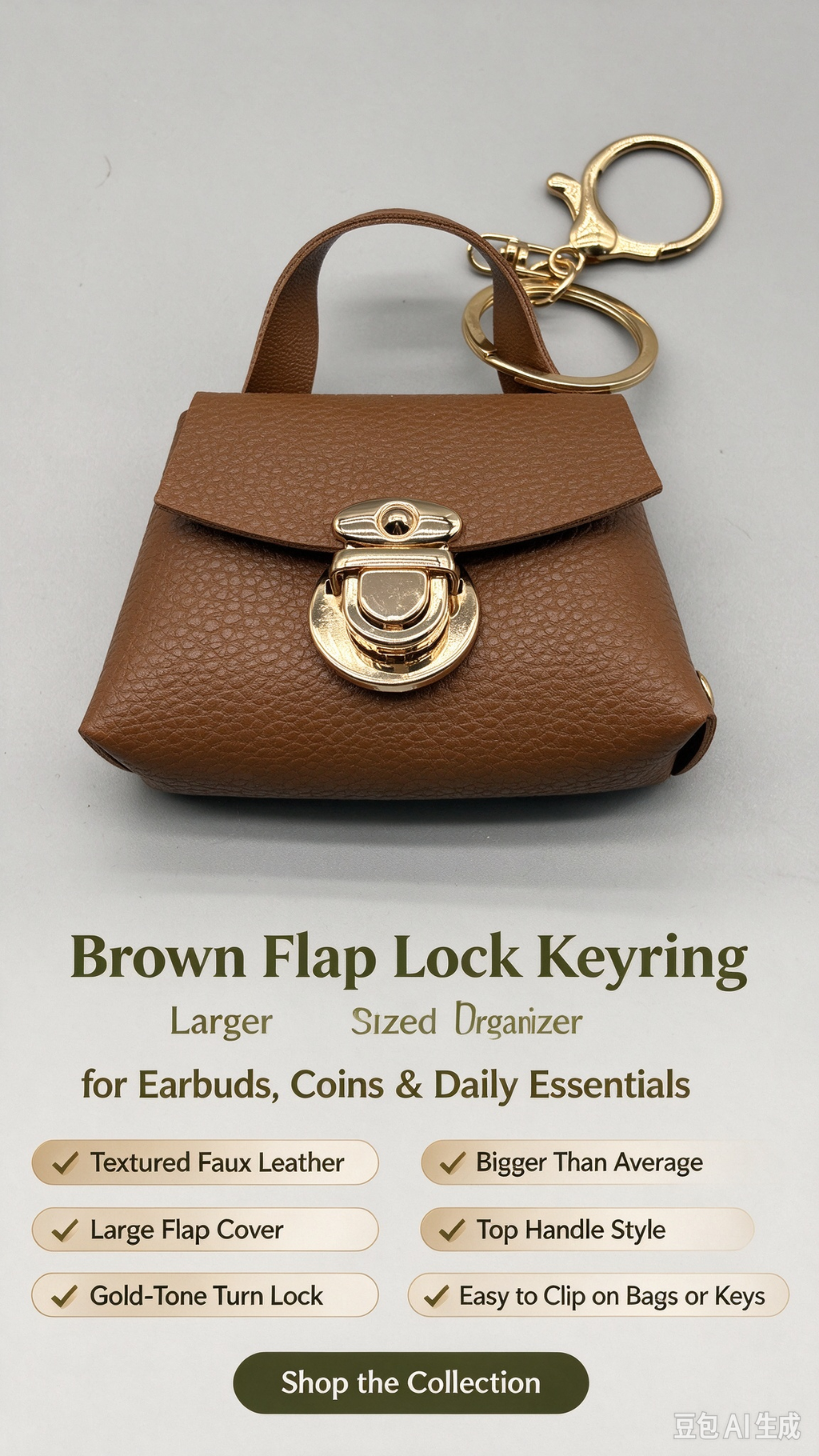 Brown Faux Leather Mini Handbag Keychain, Turn Lock Tiny Coin Purse, Earbud Pouch Bag Charm