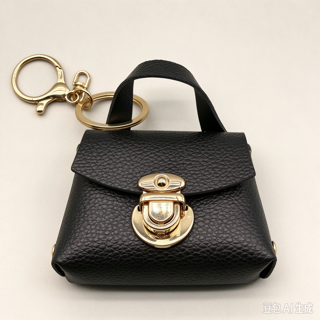 Black Faux Leather Mini Handbag Keychain, Turn Lock Tiny Coin Purse, Earbud Pouch Bag Charm