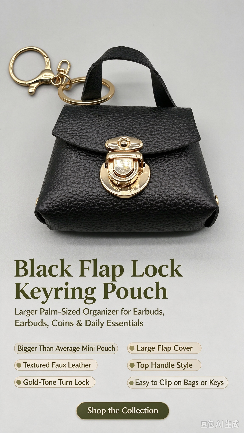 Black Faux Leather Mini Handbag Keychain, Turn Lock Tiny Coin Purse, Earbud Pouch Bag Charm