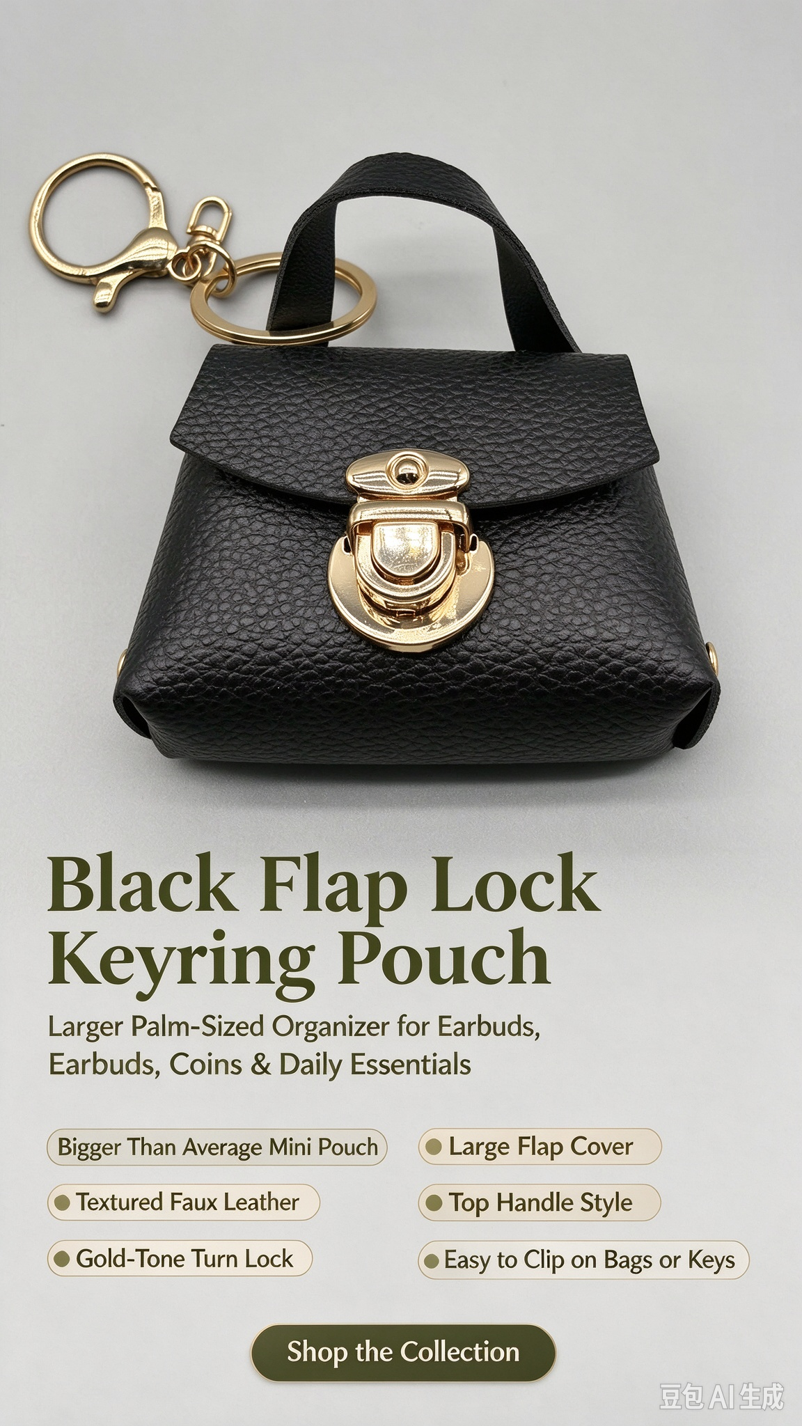 Black Faux Leather Mini Handbag Keychain, Turn Lock Tiny Coin Purse, Earbud Pouch Bag Charm