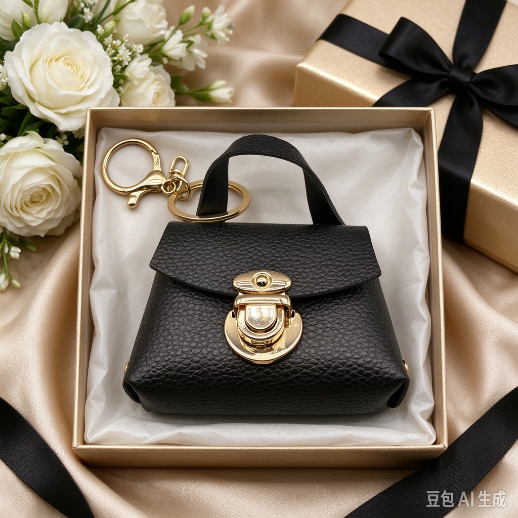 Black Faux Leather Mini Handbag Keychain, Turn Lock Tiny Coin Purse, Earbud Pouch Bag Charm