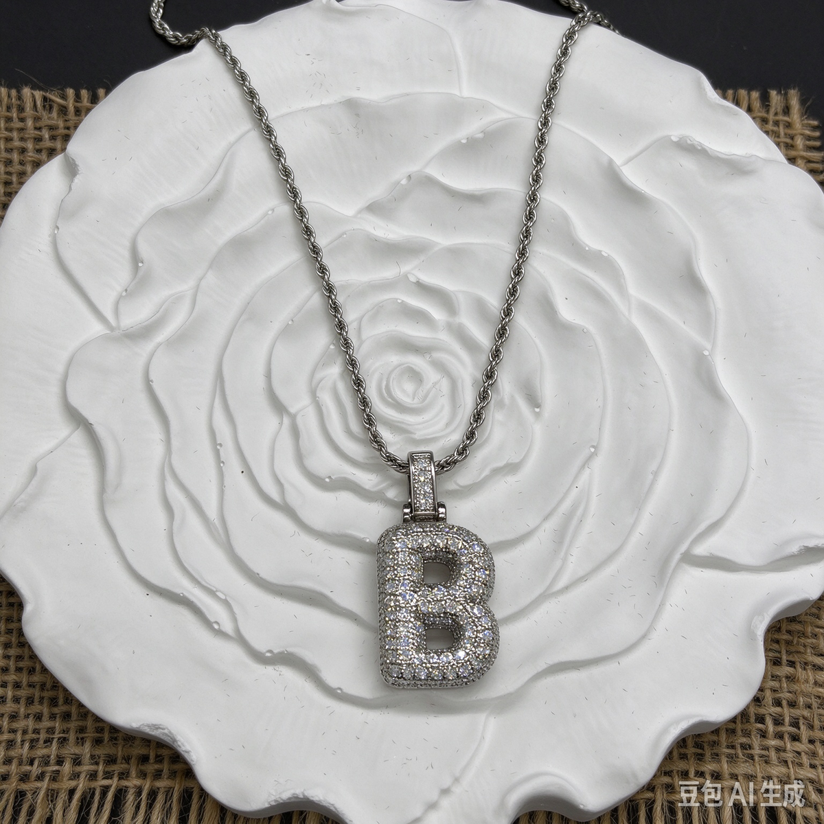 Iced Out Bubble Letter B Necklace, Silver Rhinestone Initial B Pendant with Rope Chain, Hip Hop Statement Jewelry